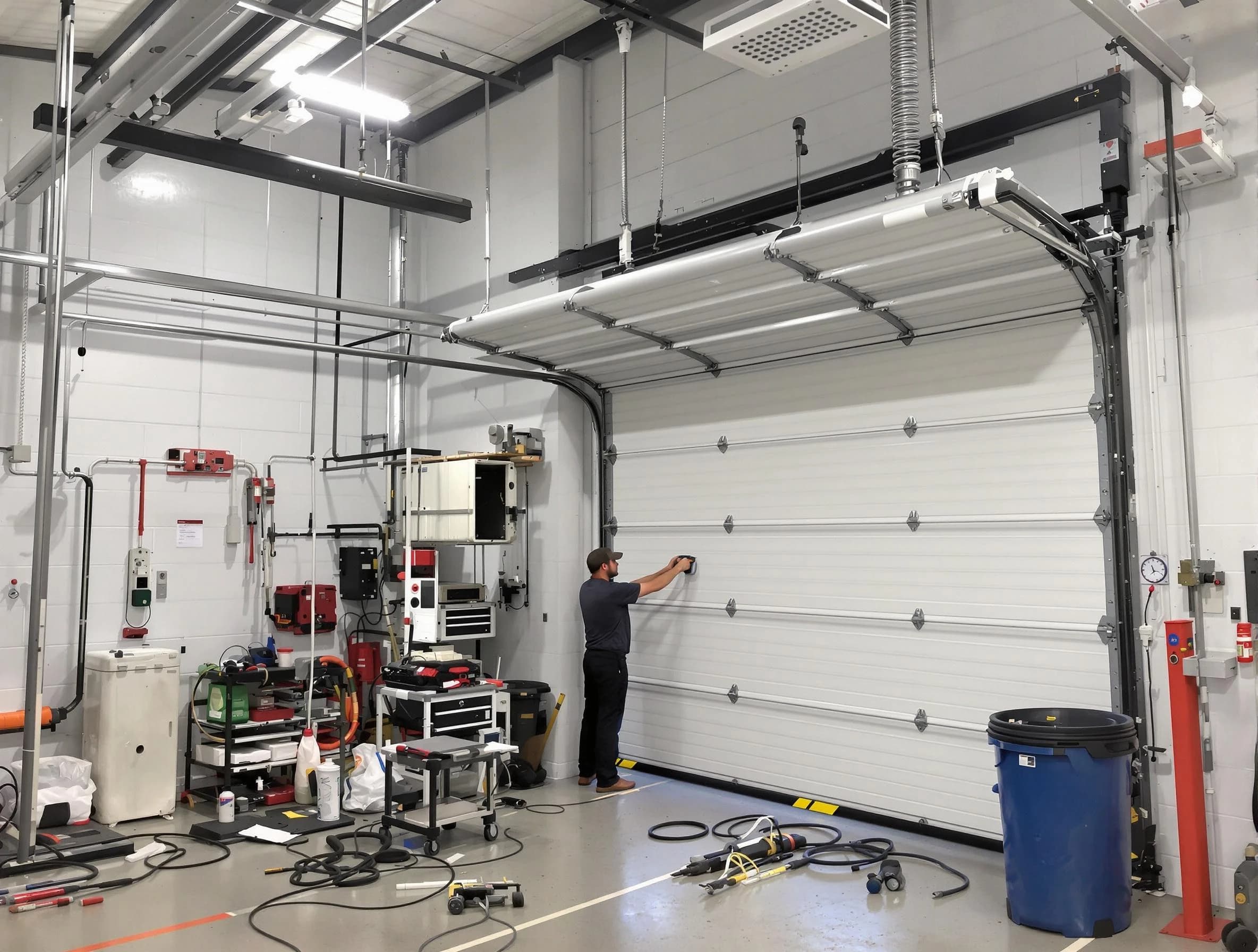 Woonsocket Garage Door Repair certified technician performing commercial door repair at a Woonsocket business facility