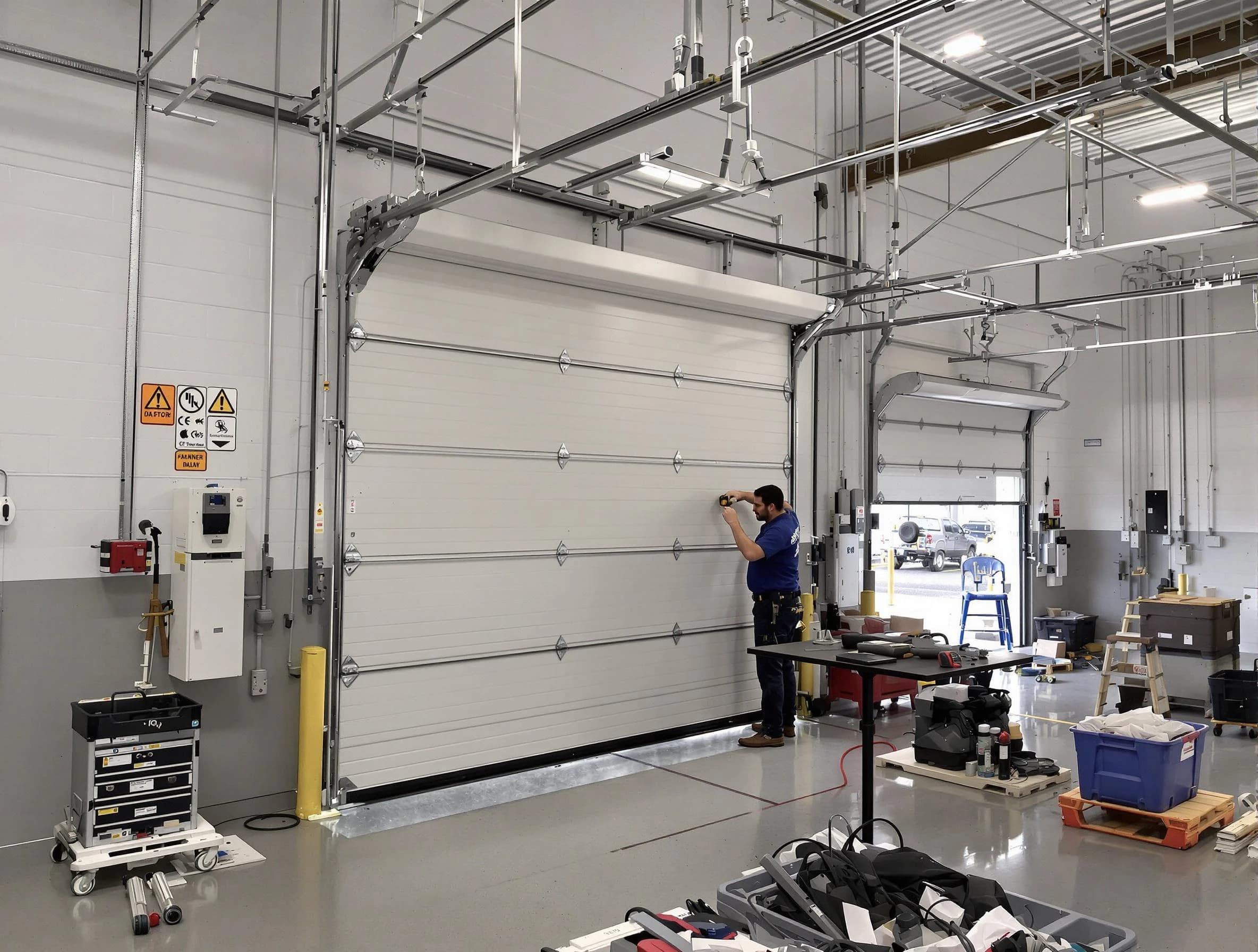 Commercial garage door repair being performed by Woonsocket Garage Door Repair expert in Woonsocket