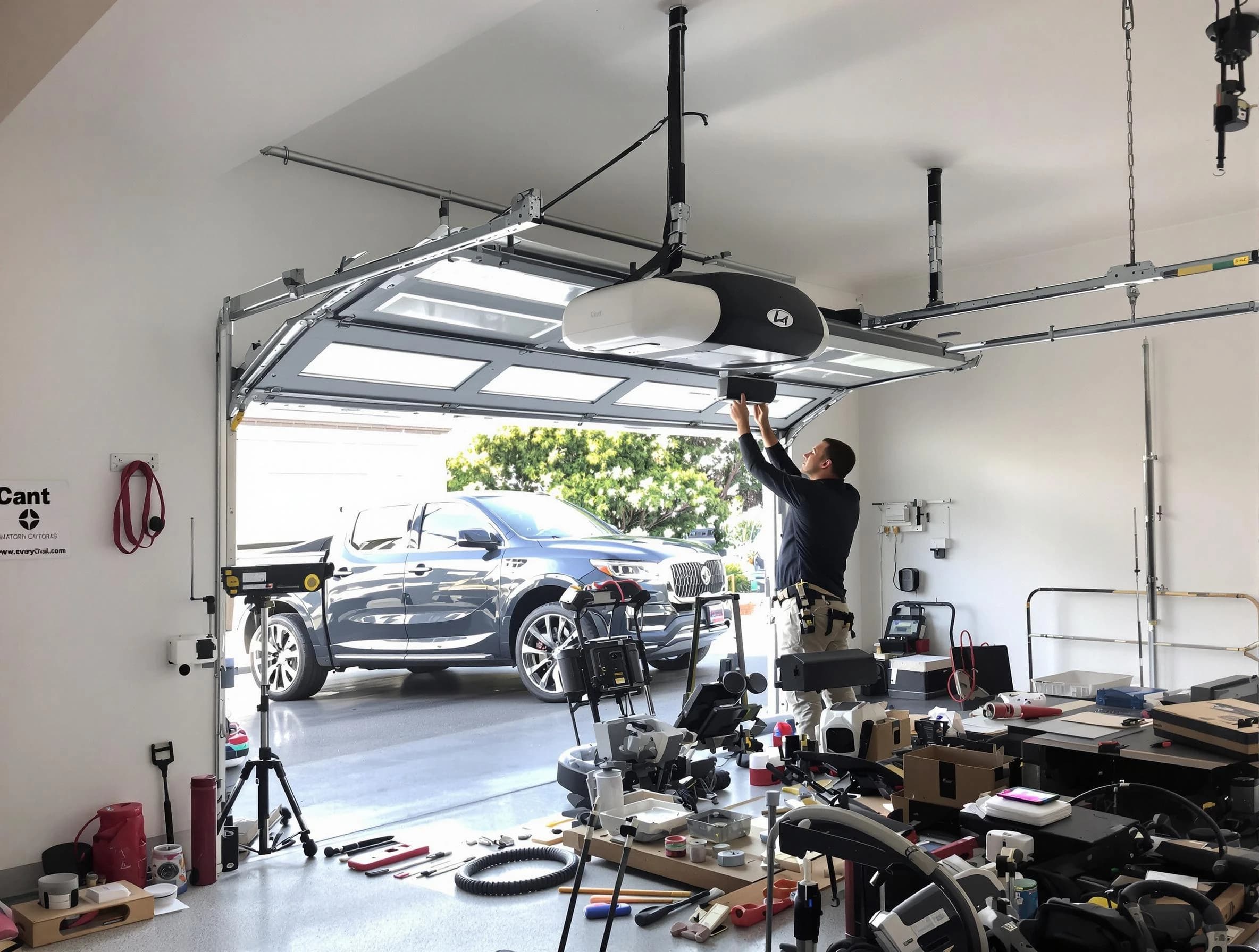 Woonsocket Garage Door Repair specialist installing smart garage door opener system in Woonsocket home