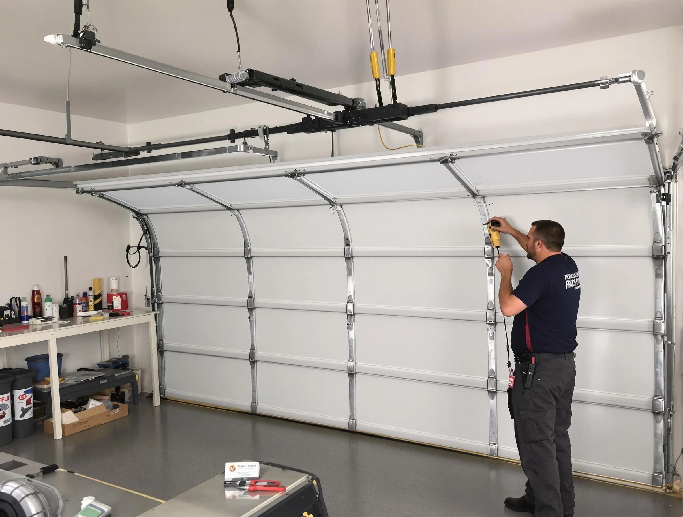 Woonsocket Garage Door Repair certified technician performing overhead door system repair in Woonsocket