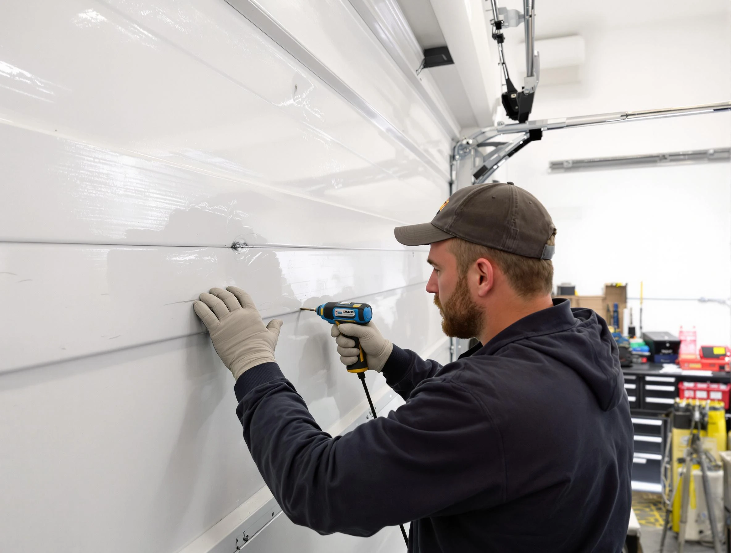 Woonsocket Garage Door Repair technician demonstrating precision dent removal techniques on a Woonsocket garage door