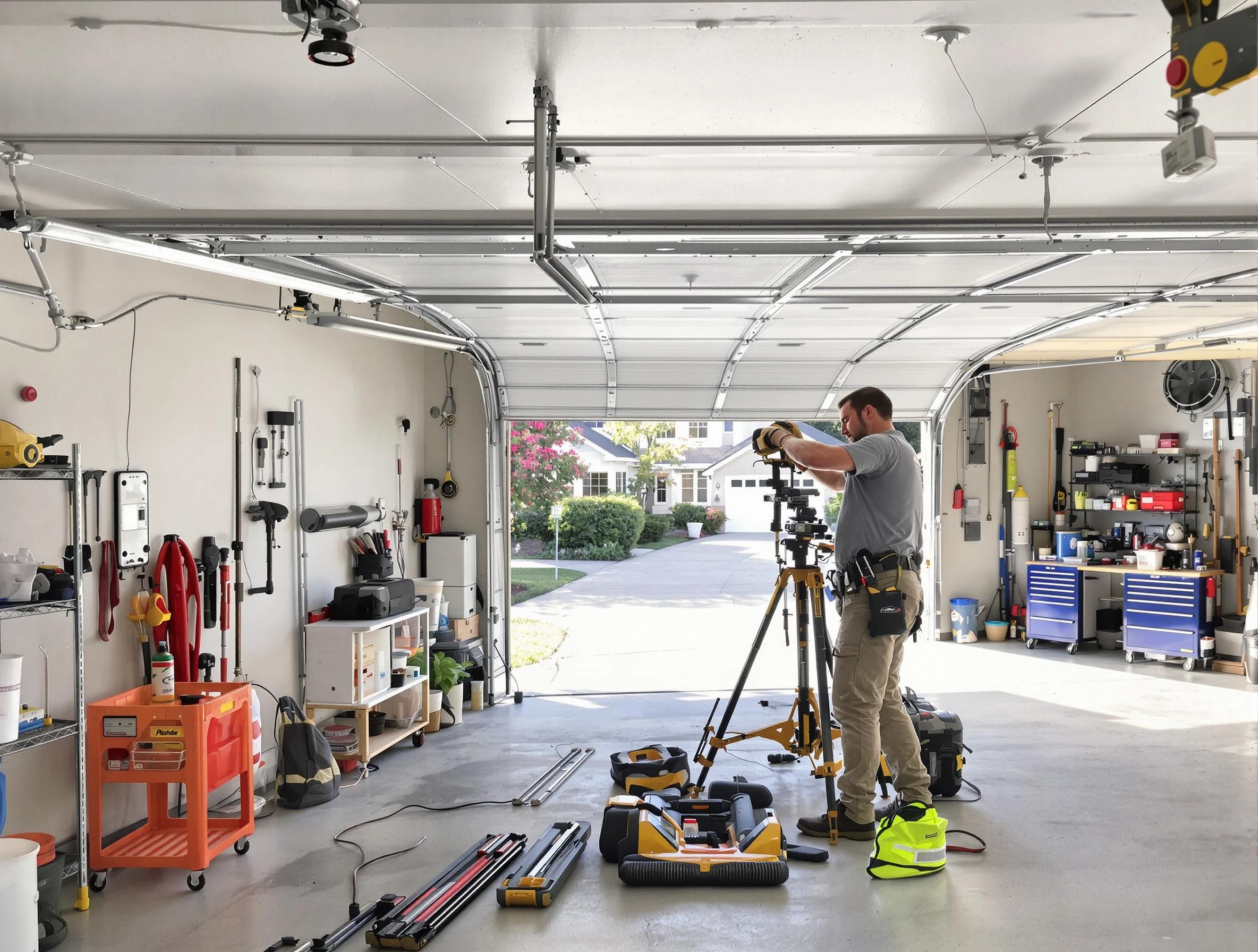 Woonsocket Garage Door Repair specialist performing laser-guided track alignment in Woonsocket